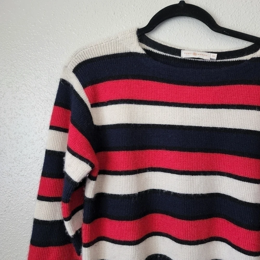Tory Burch Baby Alpaca Knit Austrie Striped Navy Red Pullover Sweater Preppy S